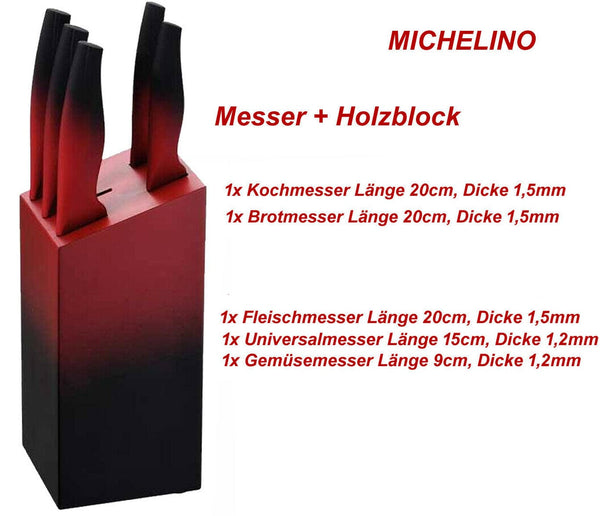 tsilova Hatex Messerset im Messerblock Küchenhelfer 13 tlg Rot/Schwarz MICHELINO Messerblock 6tlg